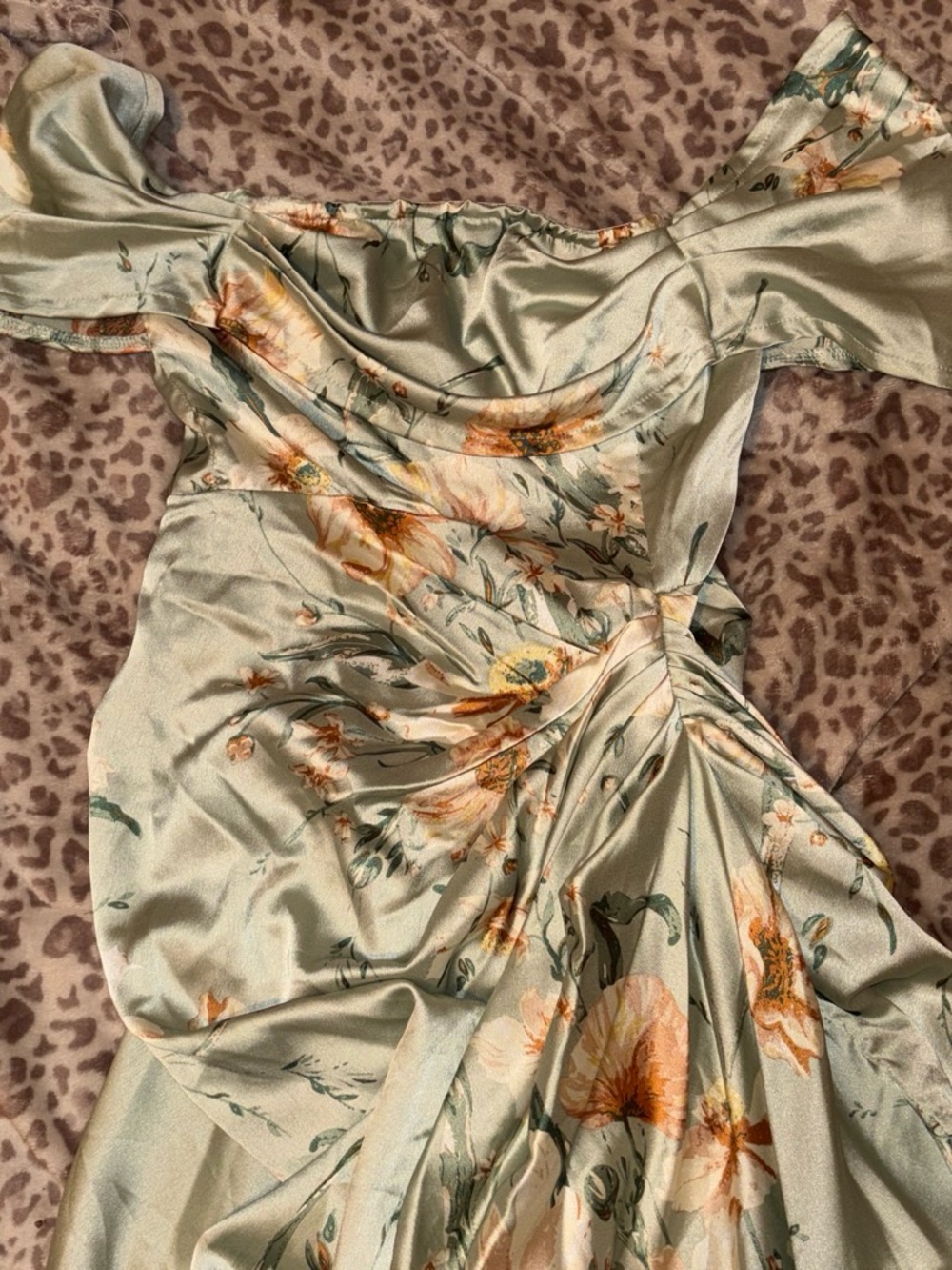 PrettyLittleThing Sage Green Floral Off-Shoulder Midi Dress